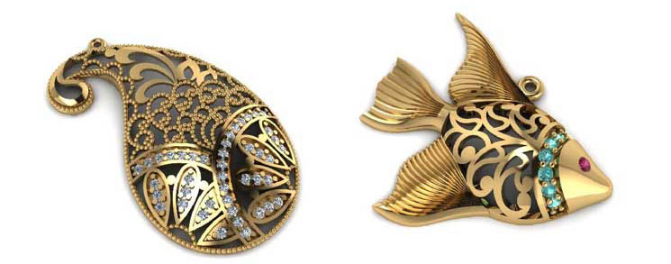 Gold and jeweled paisley and fish pendants